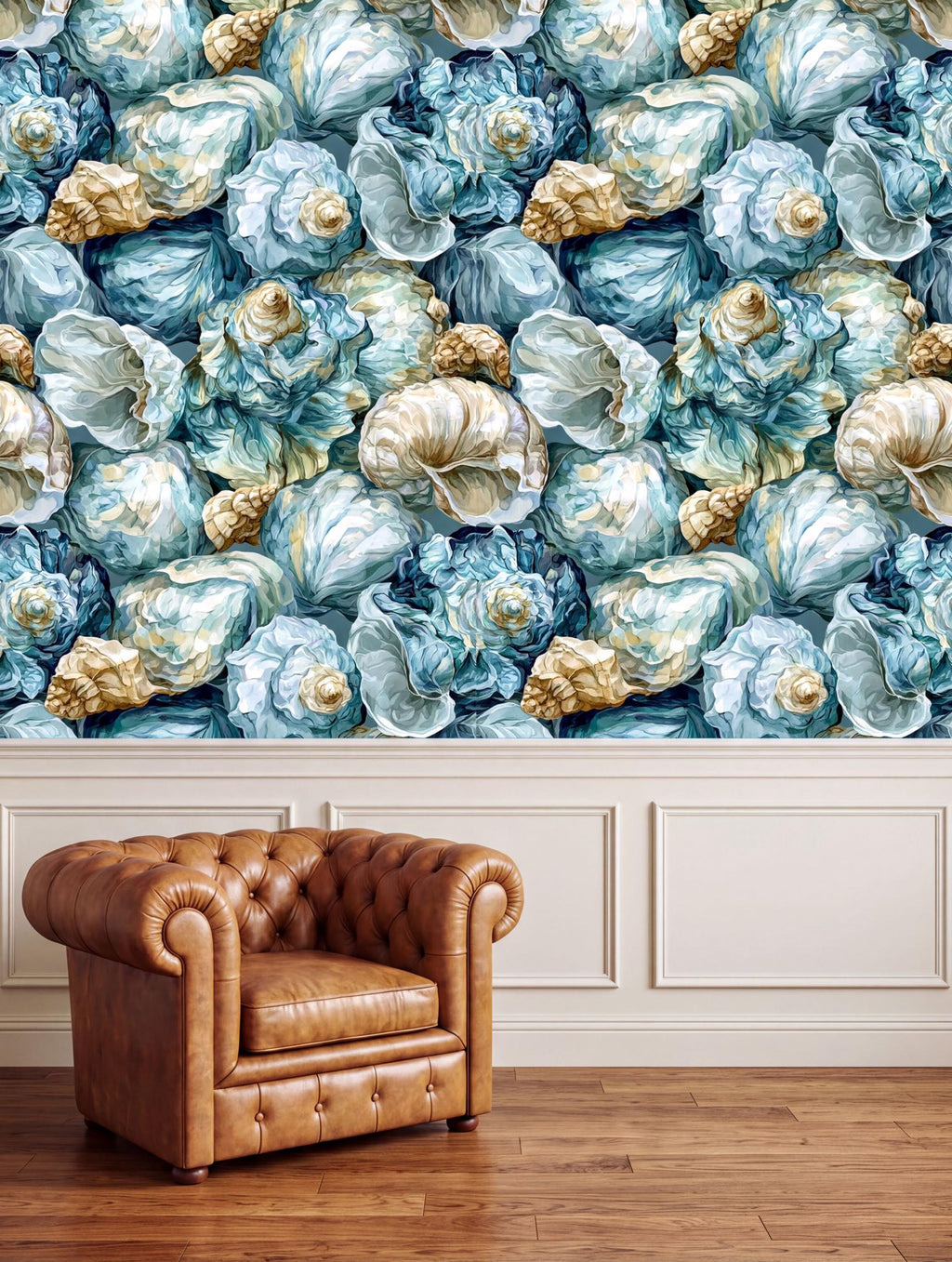a large wallpapered wall with a repeating pattern of blue and white seashells, creating a nautical and coastal theme. In the foreground, there is a brown leather armchair, which appears to be a part of the room's decor.