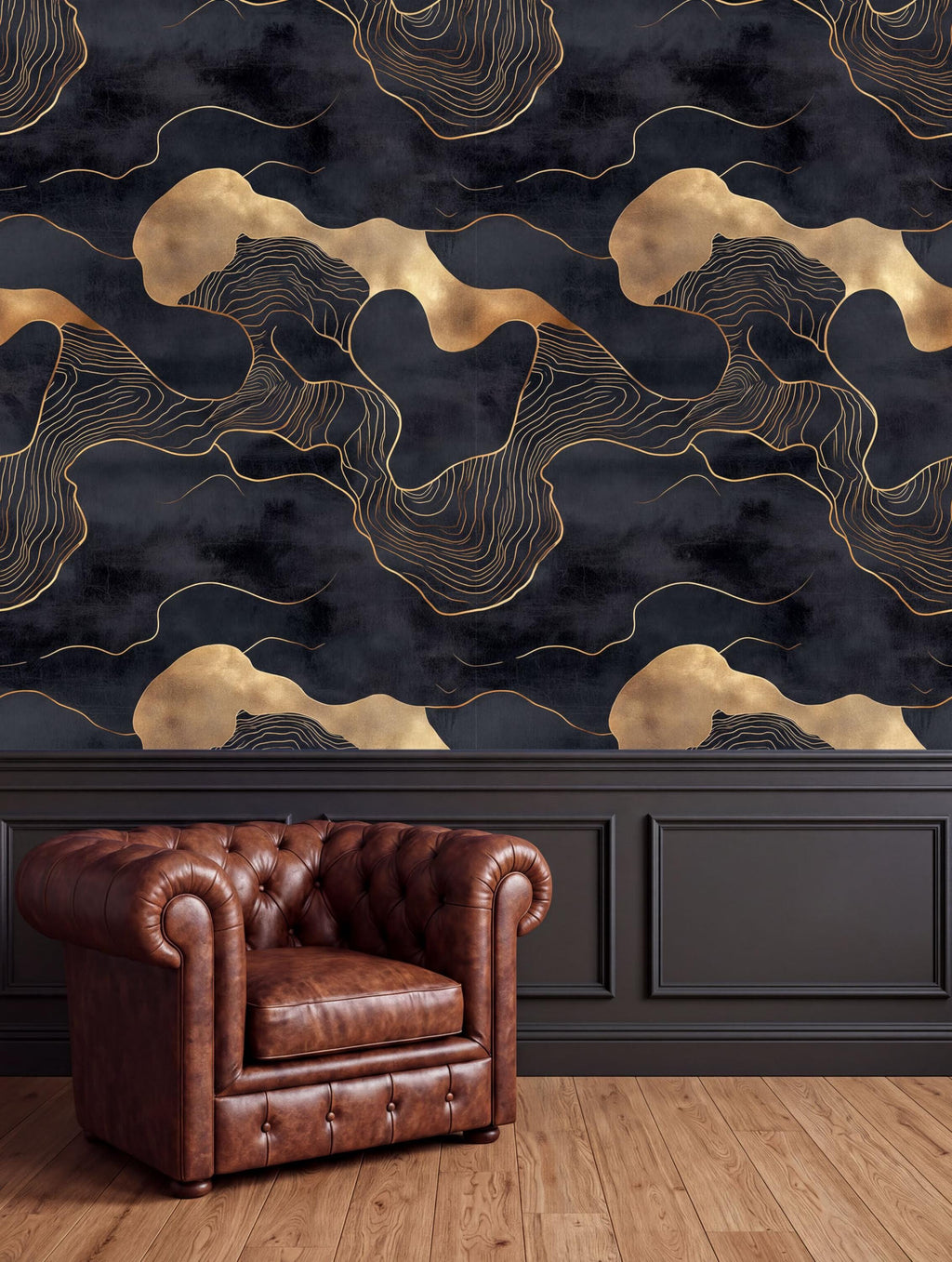 a brown leather armchair positioned in front of a wall with a striking abstract pattern in black and gold colors.