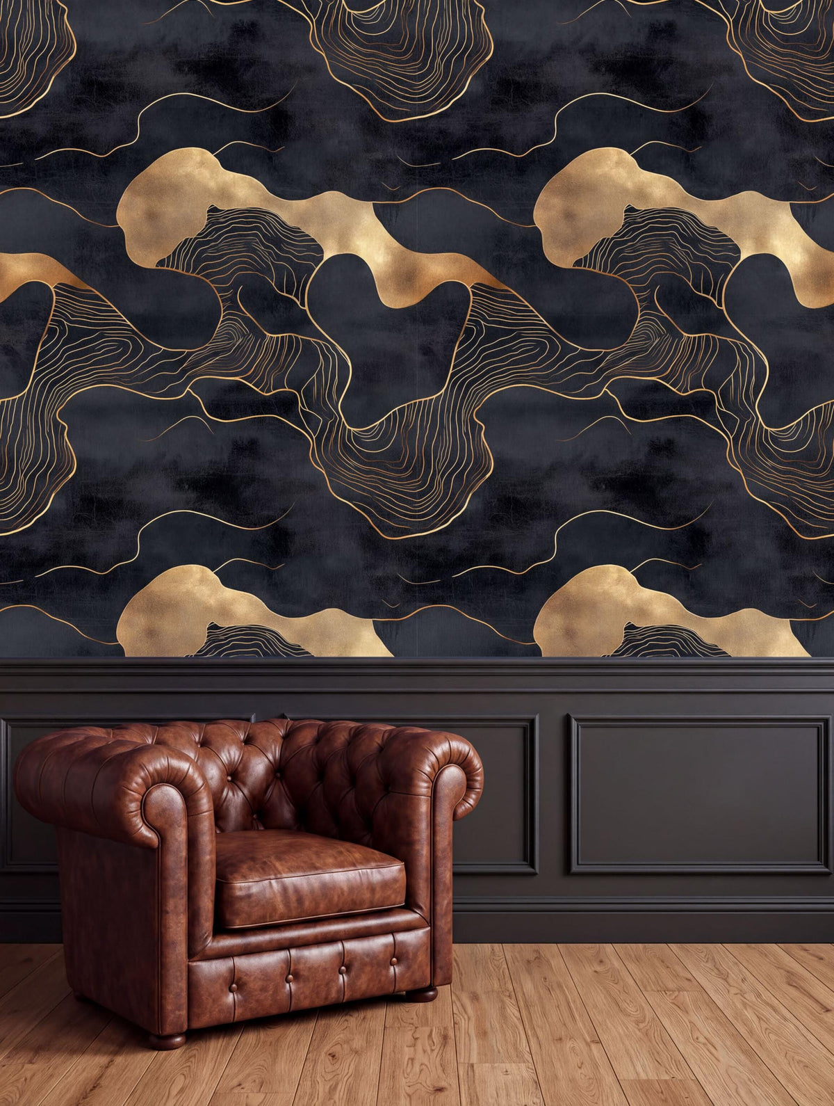a brown leather armchair positioned in front of a wall with a striking abstract pattern in black and gold colors.
