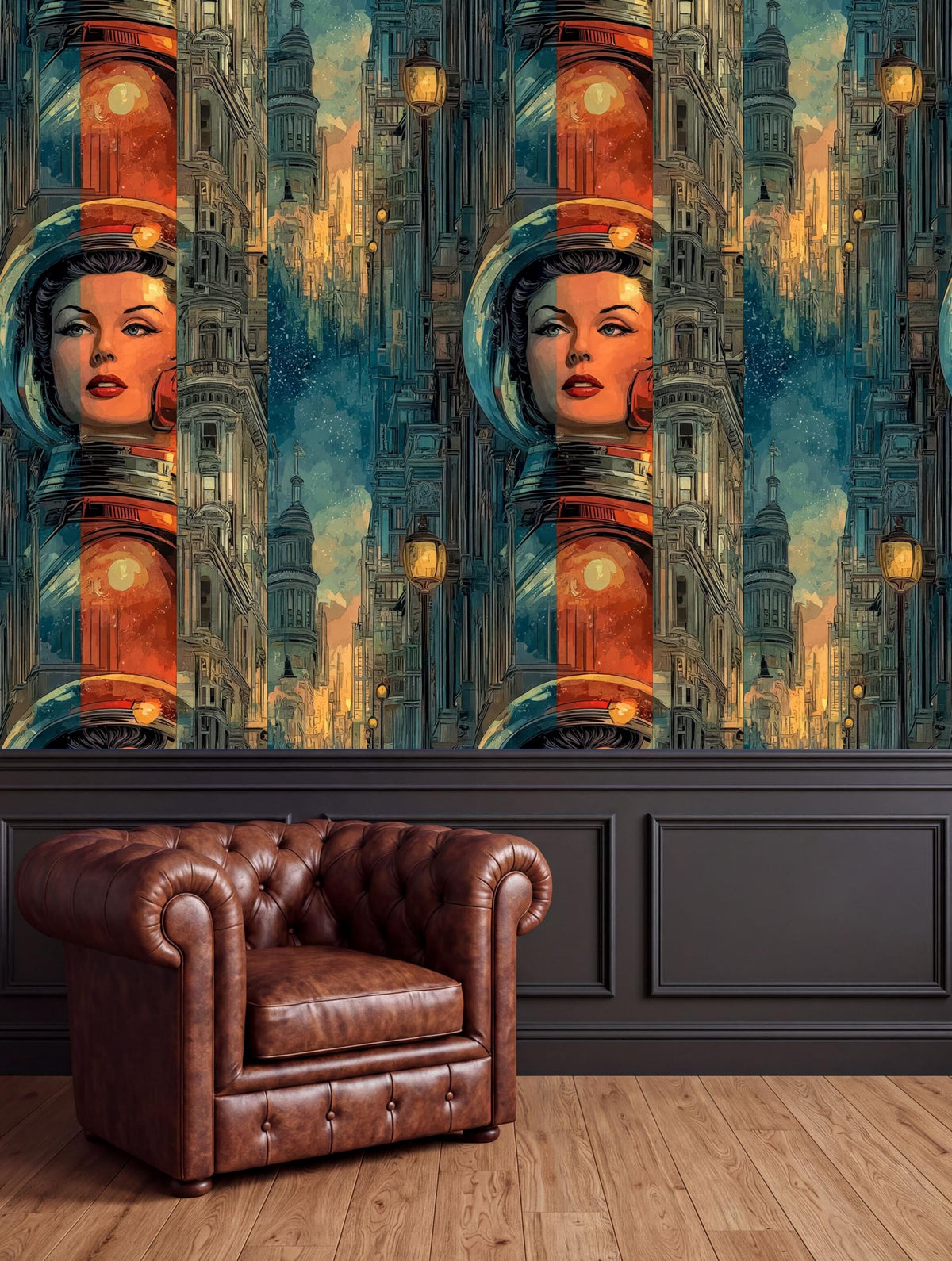 a large, colorful mural depicting a woman's face in a futuristic cityscape, with buildings and structures in shades of orange, blue, and green. The mural is displayed on the wall above a brown leather armchair, creating a striking and visually appealing contrast between the artwork and the furniture.