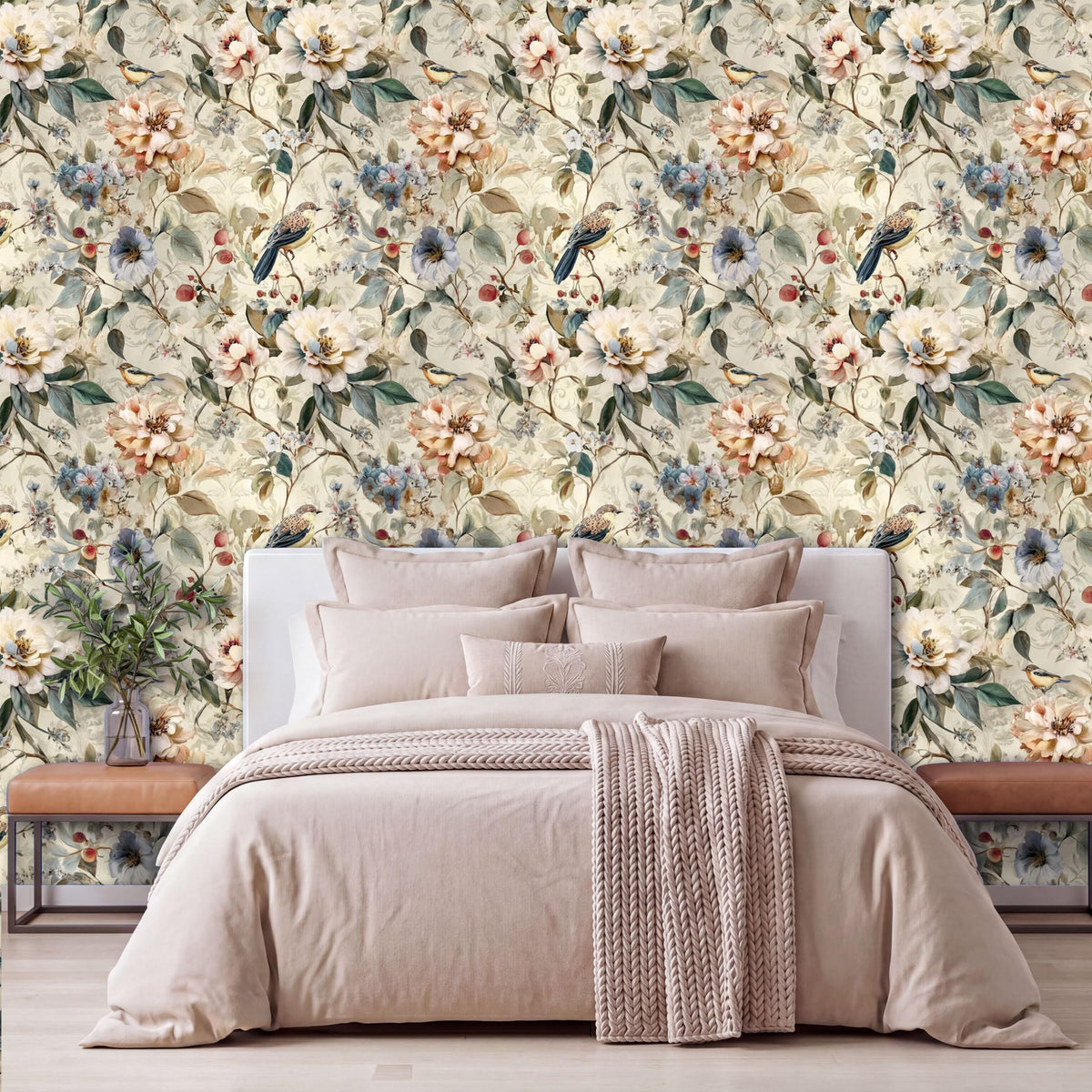 a bedroom with a large floral wallpaper covering the wall behind a bed. The bed is dressed in a beige comforter and has several pillows. There is also a wooden nightstand on the left side of the bed, and a vase of flowers is placed on the nightstand.
