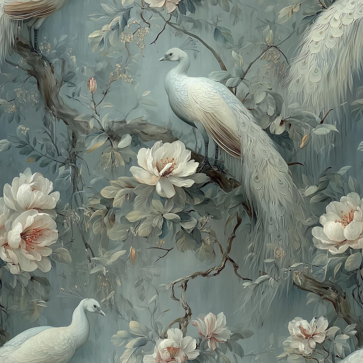 The image is a painting featuring a white peacock perched on a branch with pink flowers, surrounded by other white birds and flowers.