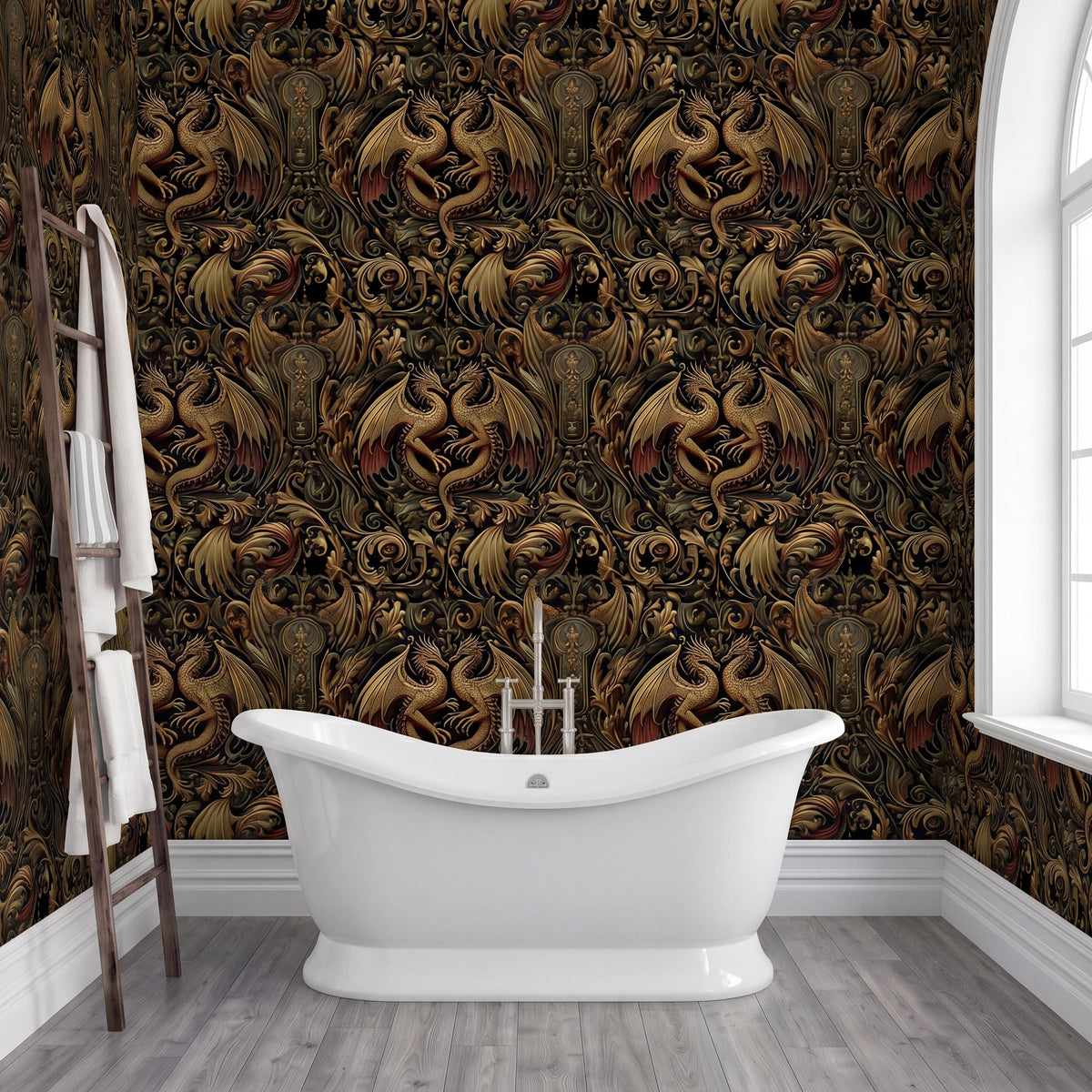 a luxurious bathroom with a large, ornate bathtub in the center. The walls are covered in a rich, gold-colored wallpaper with intricate dragon designs. A wooden ladder is leaning against the wall next to the bathtub.