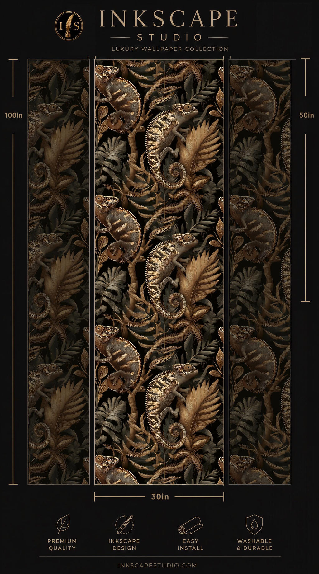 The image is a collage of three panels featuring a repeating pattern of chameleons and leaves in shades of gold and black. The panels are arranged in a vertical format, with the top panel being the largest and the bottom panel being the smallest. The collage is part of the "Inkscape Studio" luxury wallpaper collection, which includes a 30in panel. The image is described as a high-quality wallpaper with a detailed and intricate design, and it is described as easy to install and washable.