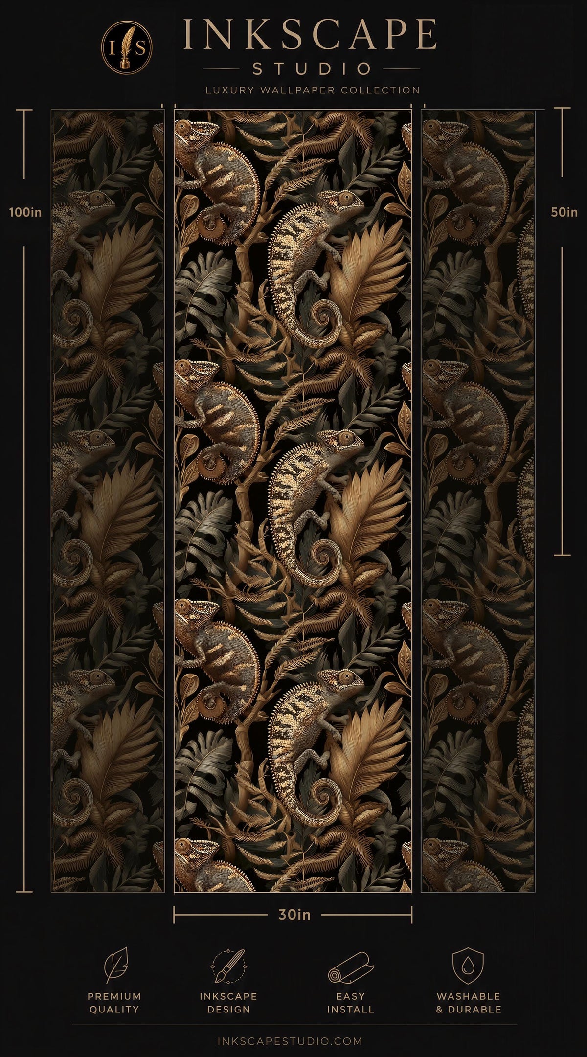 The image is a collage of three panels featuring a repeating pattern of chameleons and leaves in shades of gold and black. The panels are arranged in a vertical format, with the top panel being the largest and the bottom panel being the smallest. The collage is part of the "Inkscape Studio" luxury wallpaper collection, which includes a 30in panel. The image is described as a high-quality wallpaper with a detailed and intricate design, and it is described as easy to install and washable.