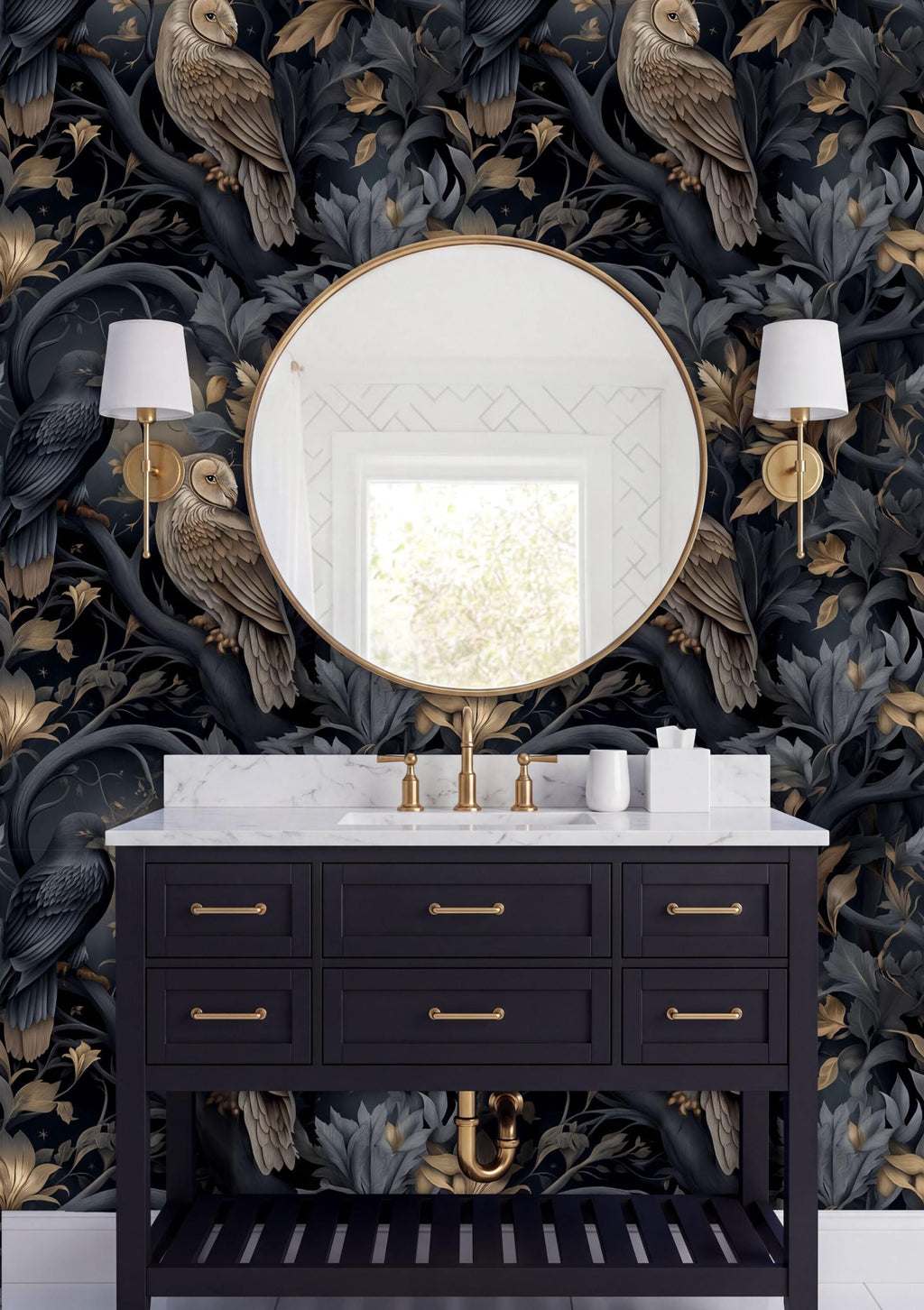 a bathroom vanity with a black countertop, a round mirror, and two wall sconces. The vanity has gold handles and is set against a dark, ornate wallpaper with a floral pattern.