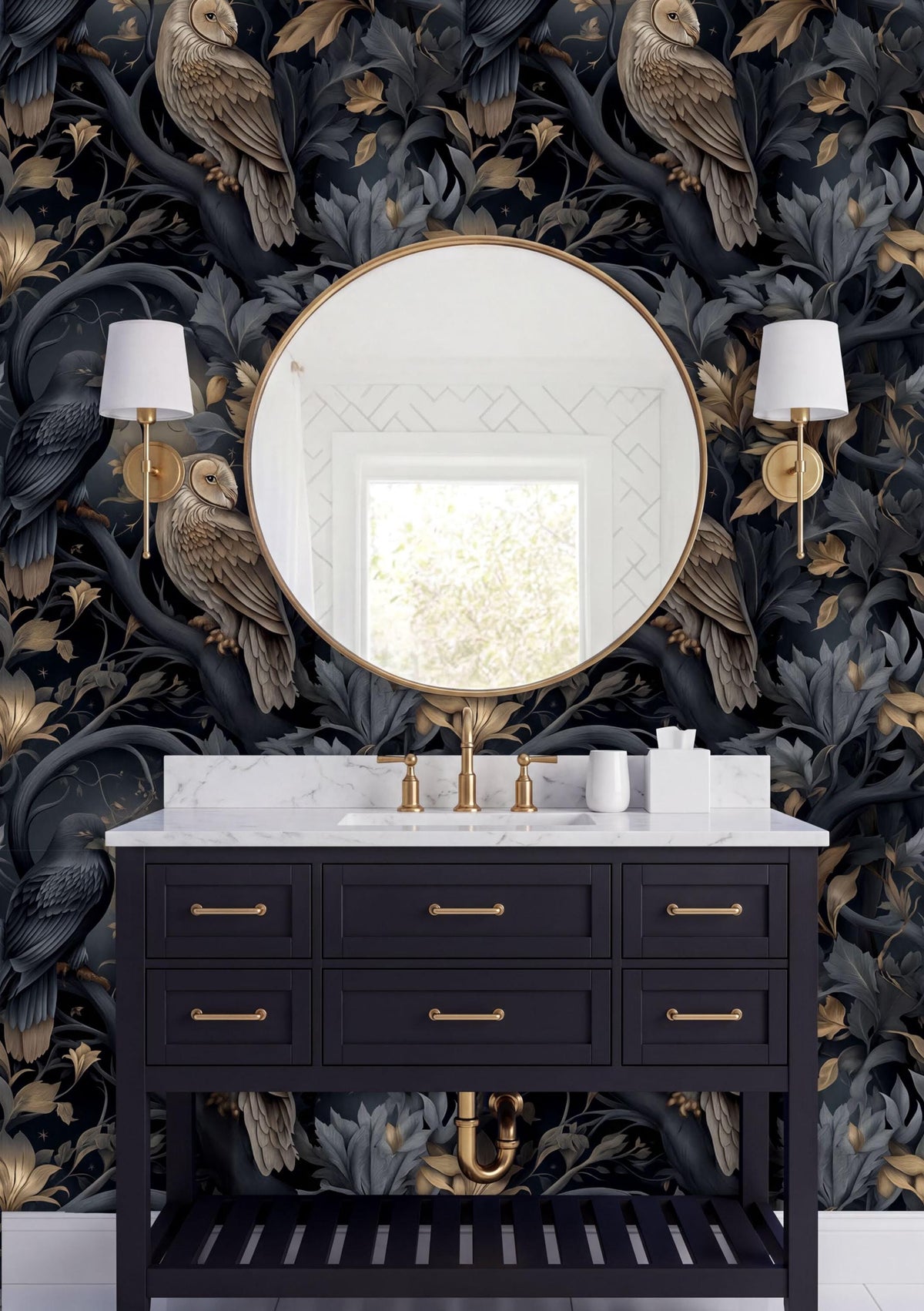 a bathroom vanity with a black countertop, a round mirror, and two wall sconces. The vanity has gold handles and is set against a dark, ornate wallpaper with a floral pattern.