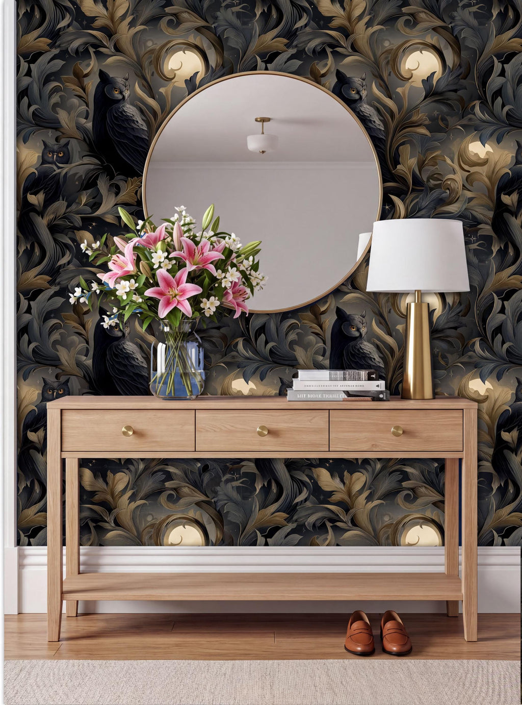 a wooden console table with a round mirror above it, a vase of pink flowers, a lamp, and a pair of brown shoes placed on the floor.