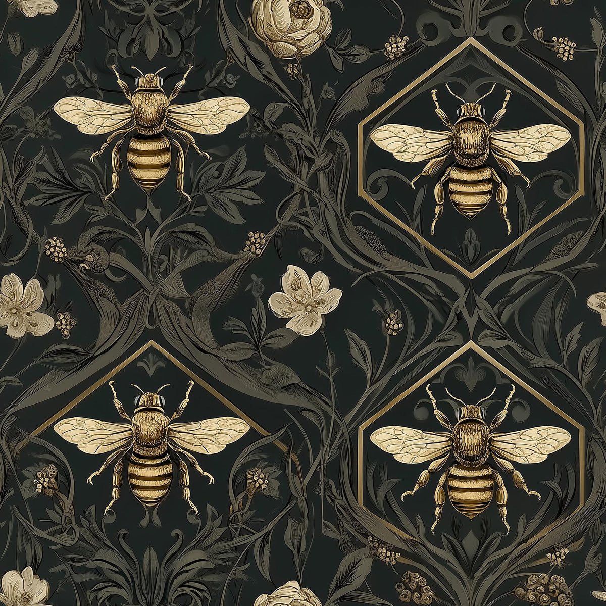 a repeating pattern of golden bees against a dark background, with floral elements and leaves.