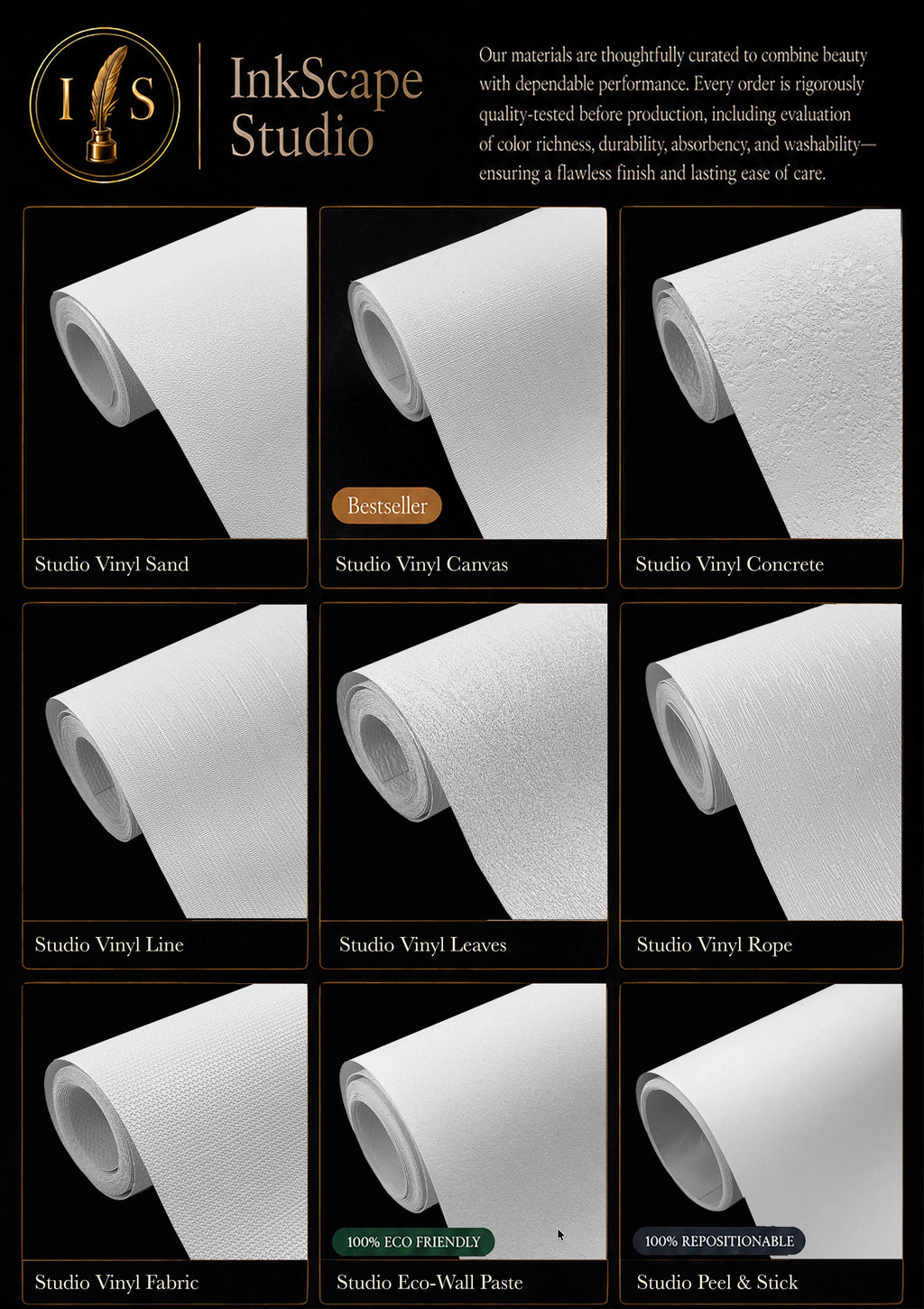 a variety of white paper products, including studio vinyl, canvas, concrete, line, leaves, rope, and fabric, arranged in a grid-like pattern.