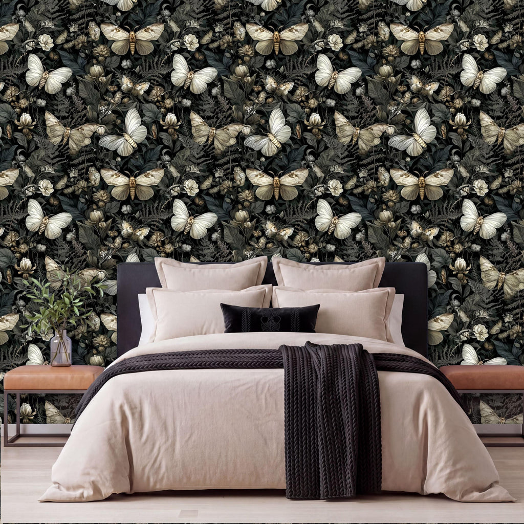 a bedroom with a large bed, dark wood furniture, and a wallpapered wall with a repeating pattern of white butterflies and green foliage.