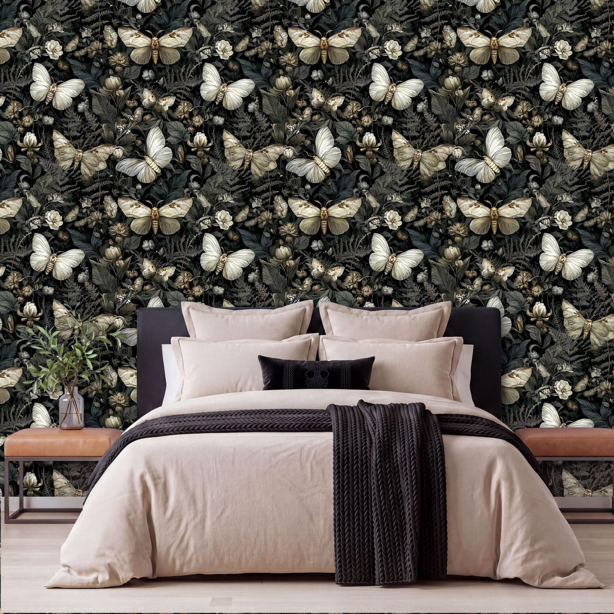a bedroom with a large bed, dark wood furniture, and a wallpapered wall with a repeating pattern of white butterflies and green foliage.