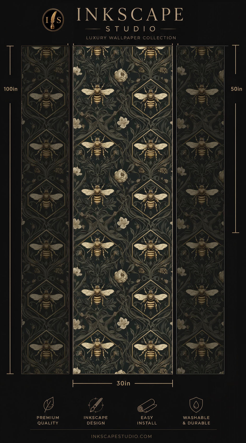 The image is a promotional poster for the INKSCAPE STUDIO luxury wallpaper collection. It features a repeating pattern of bees and flowers in a dark, ornate design. The poster includes dimensions and features such as "Premium quality", "Easy installation", and "Washable & durable".