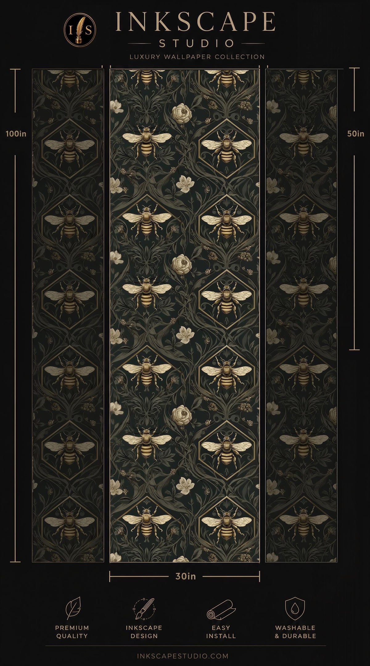 The image is a promotional poster for the INKSCAPE STUDIO luxury wallpaper collection. It features a repeating pattern of bees and flowers in a dark, ornate design. The poster includes dimensions and features such as "Premium quality", "Easy installation", and "Washable & durable".