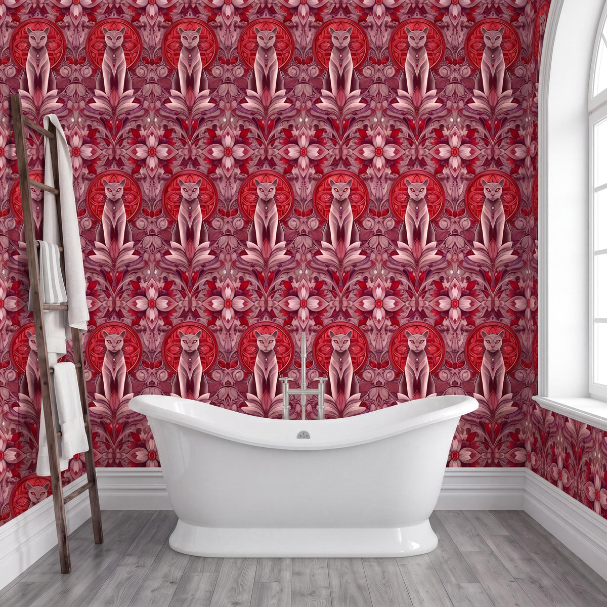 a bathroom with a white freestanding bathtub in the center, surrounded by a vibrant red and pink floral wallpaper. A wooden ladder is leaning against the wall next to the bathtub.