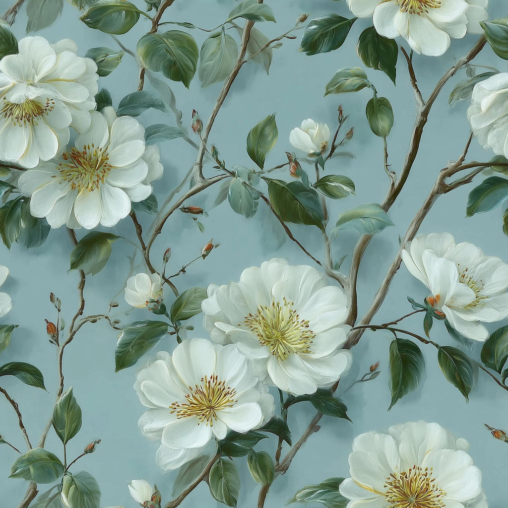 a repeating pattern of white flowers with yellow centers, surrounded by green leaves, against a light blue background.