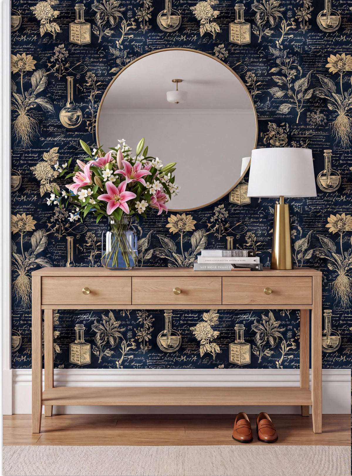 a wooden console table with a round mirror above it, a vase of pink flowers, a lamp, and a pair of brown shoes placed on the floor. The wall behind the table has a dark blue and gold wallpaper with various botanical illustrations and text.