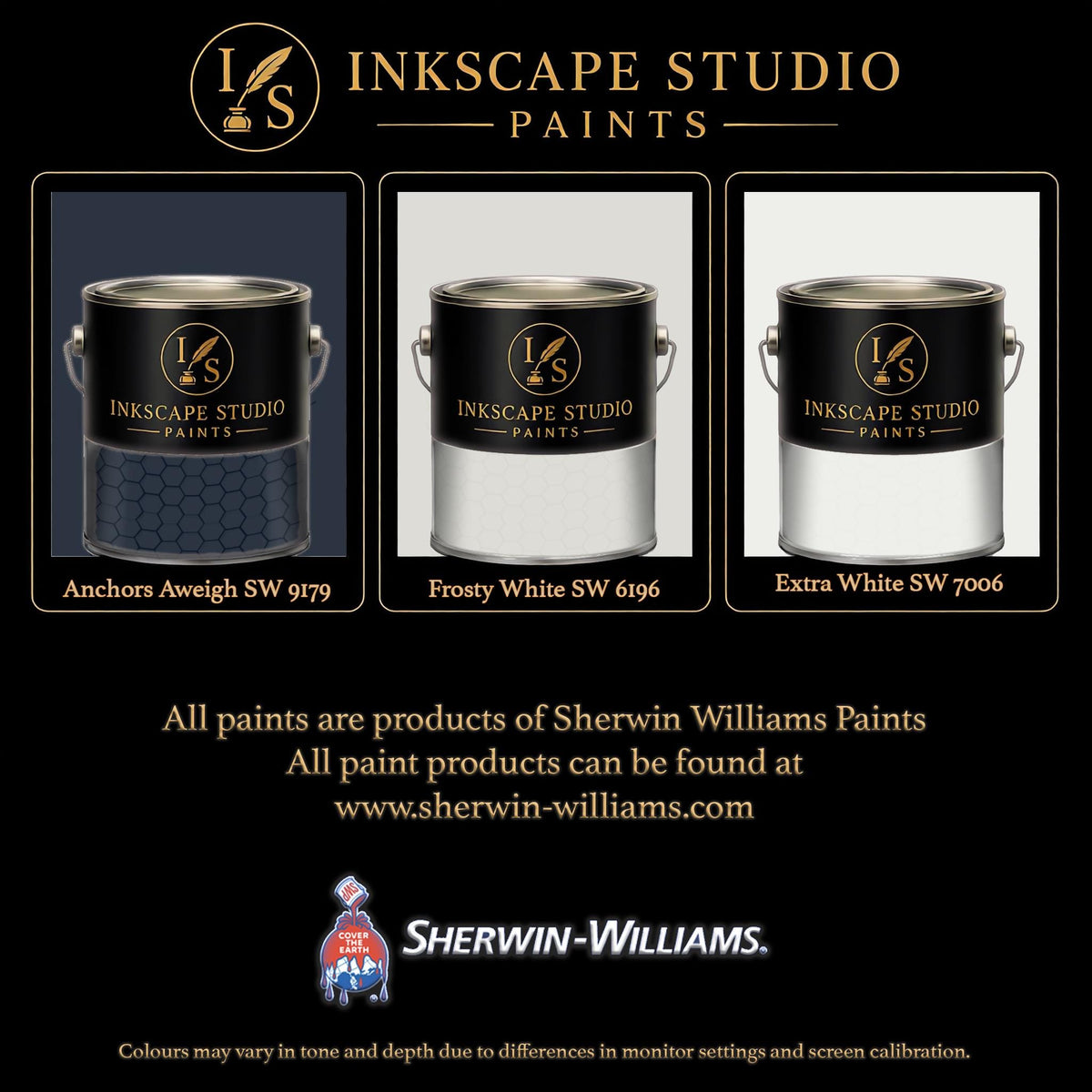 The image is an advertisement for Sherwin Williams paints, featuring three different paint color samples from the Inkscape Studio.