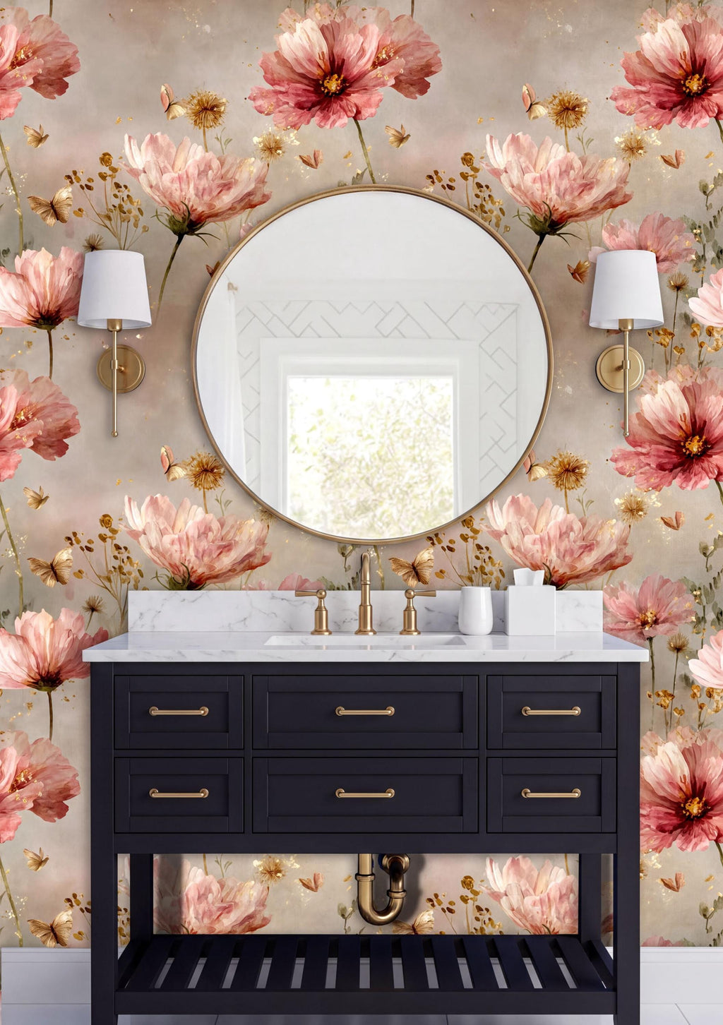 a bathroom vanity with a black countertop and a round mirror above it. The wall behind the vanity is decorated with a floral wallpaper in shades of pink and gold. There are two wall sconces on either side of the mirror, and the overall color scheme of the bathroom is predominantly pink and gold.