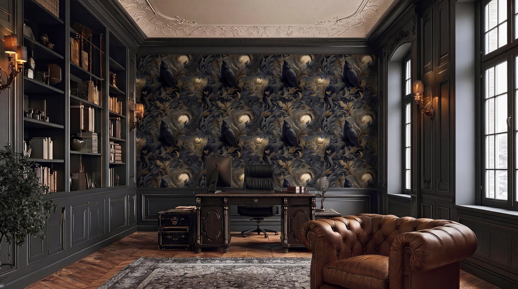 a luxurious and elegant home office with dark wood paneling, a large bookshelf, a patterned wallpaper, and a tufted leather armchair.