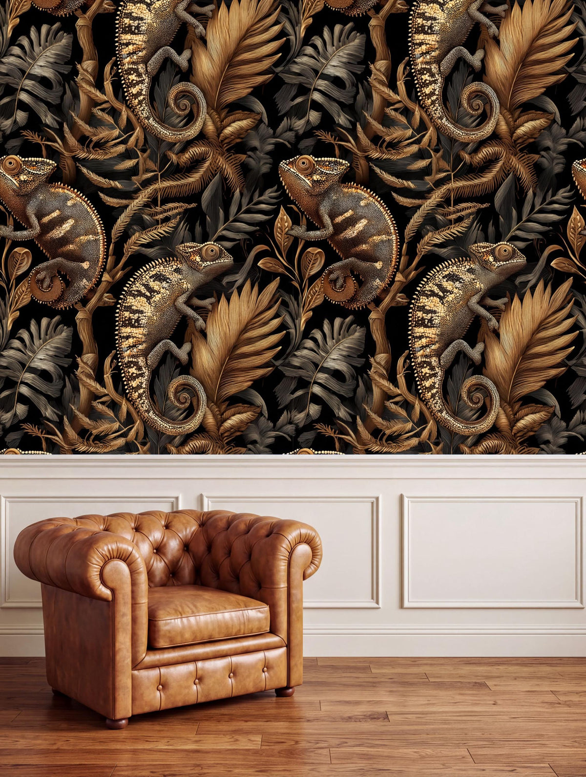 a brown leather armchair positioned in front of a wall with a repeating pattern of chameleons and leaves in gold and black colors.