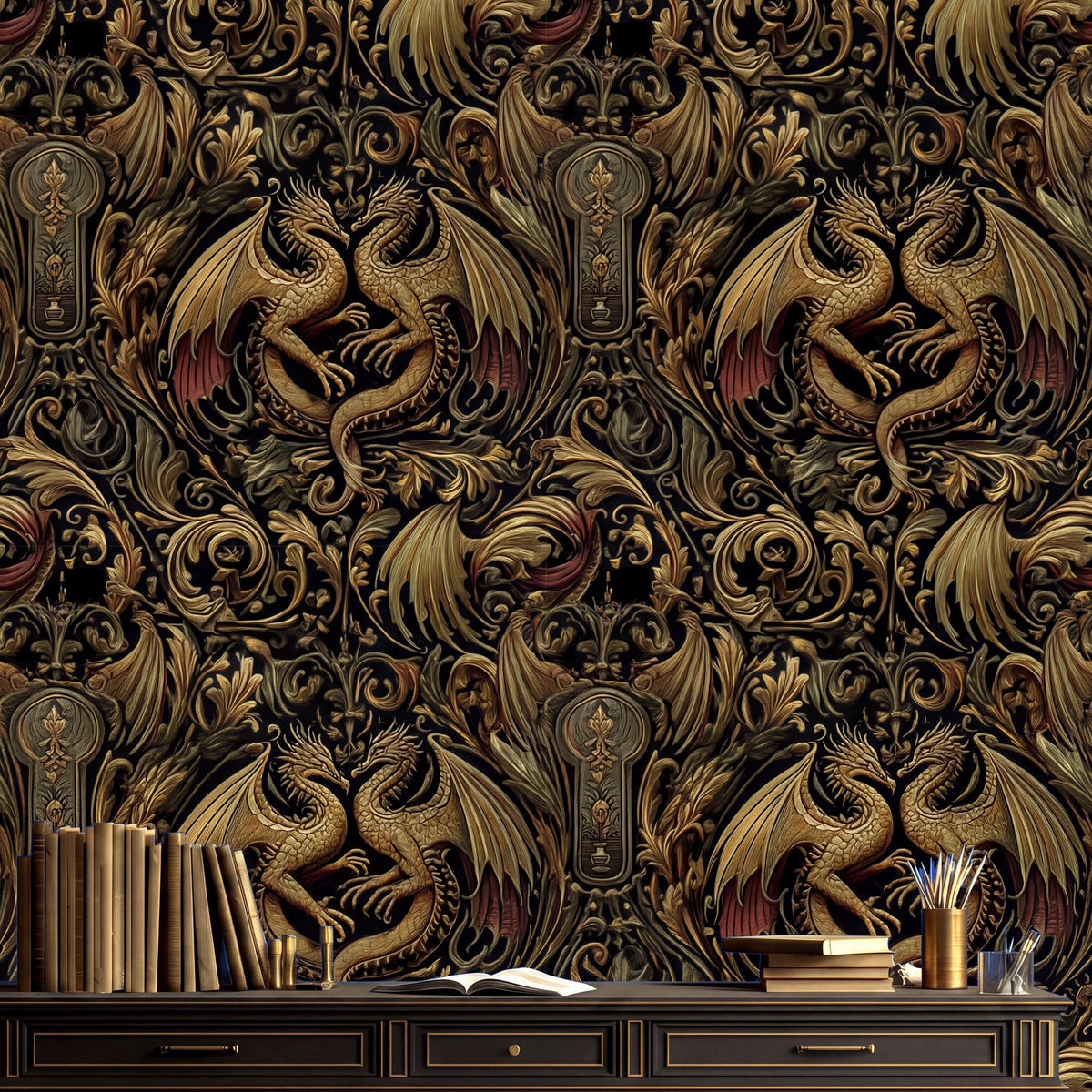 a dark, ornate wallpaper with intricate gold designs and patterns, including a repeating motif of two golden dragons. In front of the wallpaper, there is a wooden desk with a stack of books and a vase containing flowers.