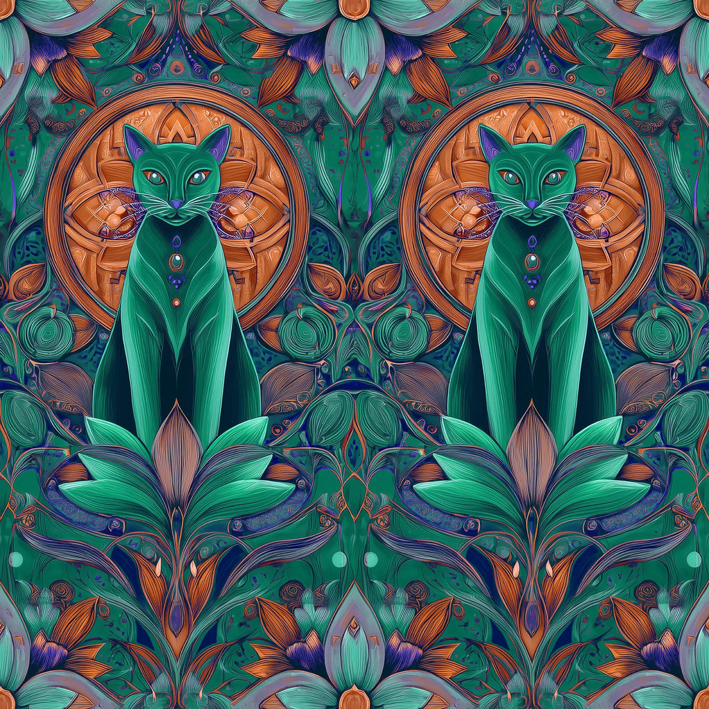 The image is a vibrant and intricate pattern featuring two green cats surrounded by a lush, colorful floral and leafy background. The cats are positioned symmetrically, with one cat on each side of a central circular design. The overall design is visually striking and captivating, with a harmonious blend of colors and patterns.