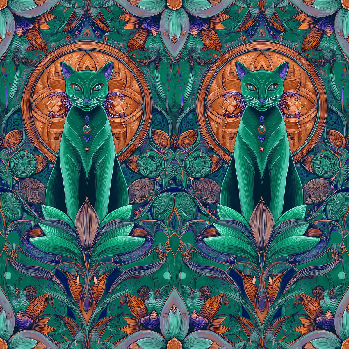 The image is a vibrant and intricate pattern featuring two green cats surrounded by a lush, colorful floral and leafy background. The cats are positioned symmetrically, with one cat on each side of a central circular design. The overall design is visually striking and captivating, with a harmonious blend of colors and patterns.