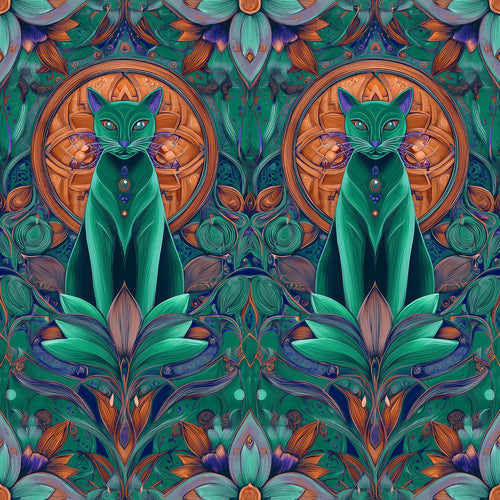 The image is a vibrant and intricate pattern featuring two green cats surrounded by a lush, colorful floral and leafy background. The cats are positioned symmetrically, with one cat on each side of a central circular design. The overall design is visually striking and captivating, with a harmonious blend of colors and patterns.
