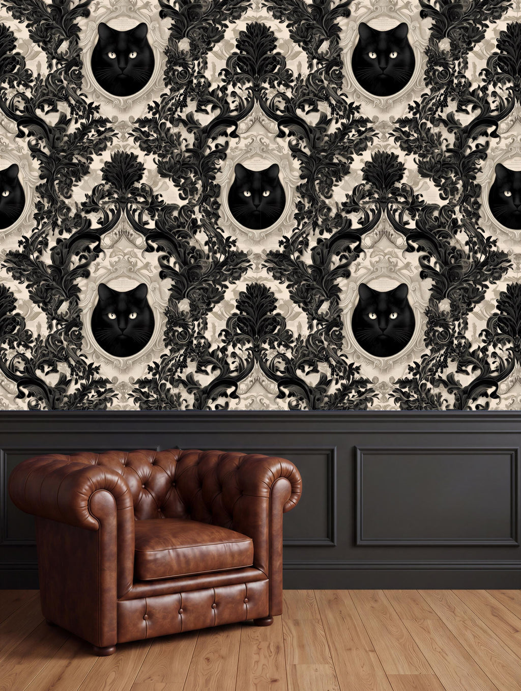 a brown leather armchair positioned in front of a wall with a repeating pattern of black cat faces within ornate frames, creating a striking and visually appealing design.