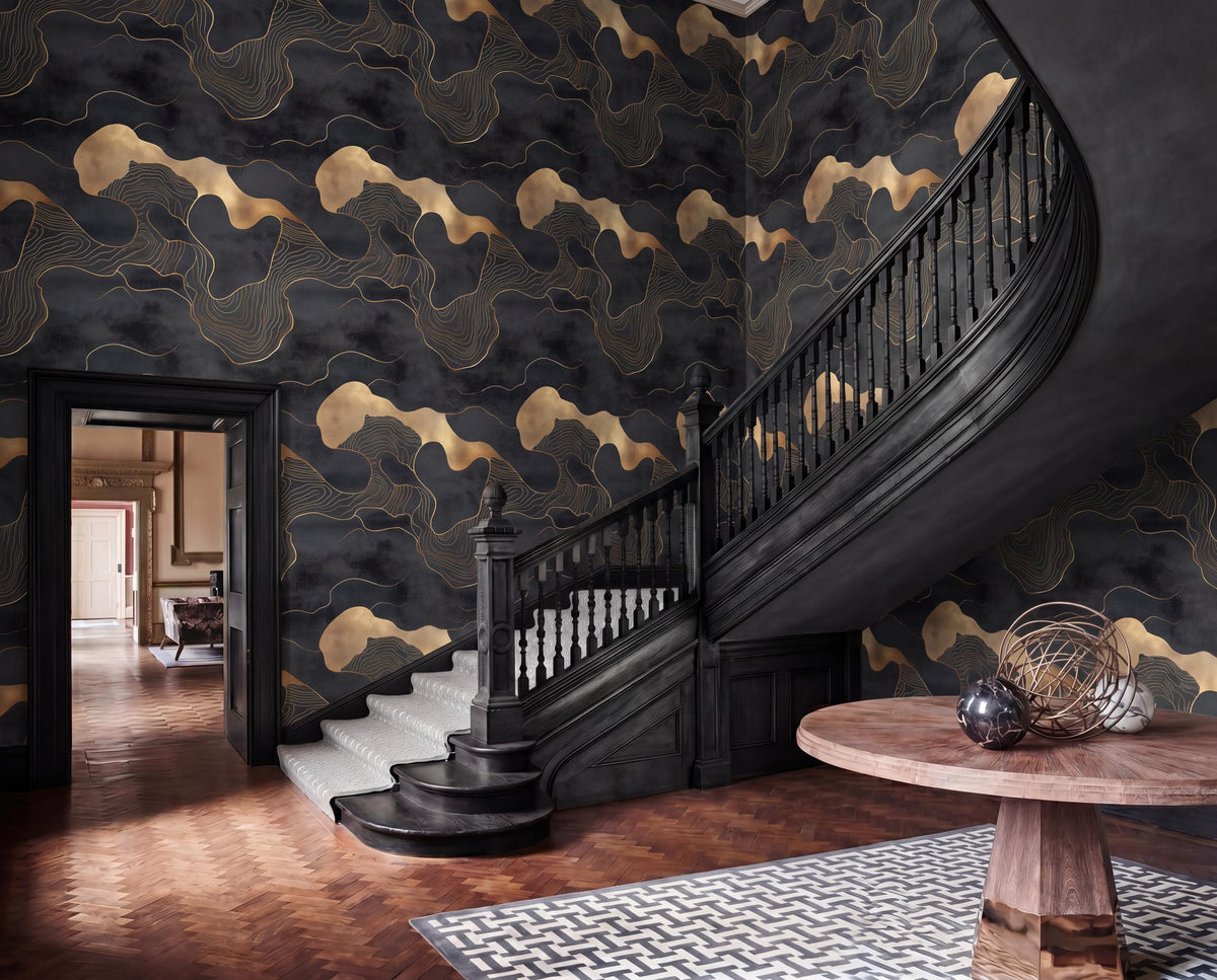 a grand staircase with a black railing and ornate wooden steps, leading up to a round wooden table with a black vase on top. The walls are covered in a dark, abstract wallpaper with gold accents, creating a striking and luxurious atmosphere.
