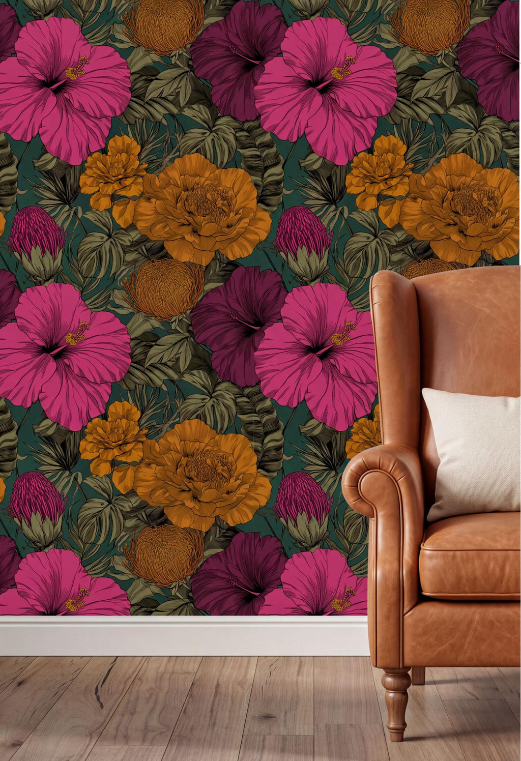 a vibrant floral wallpaper with a variety of colorful flowers, including hibiscus, peonies, and other blooms, set against a dark green background. In the foreground, there is a brown leather armchair with a white pillow on it, creating a cozy and inviting atmosphere.