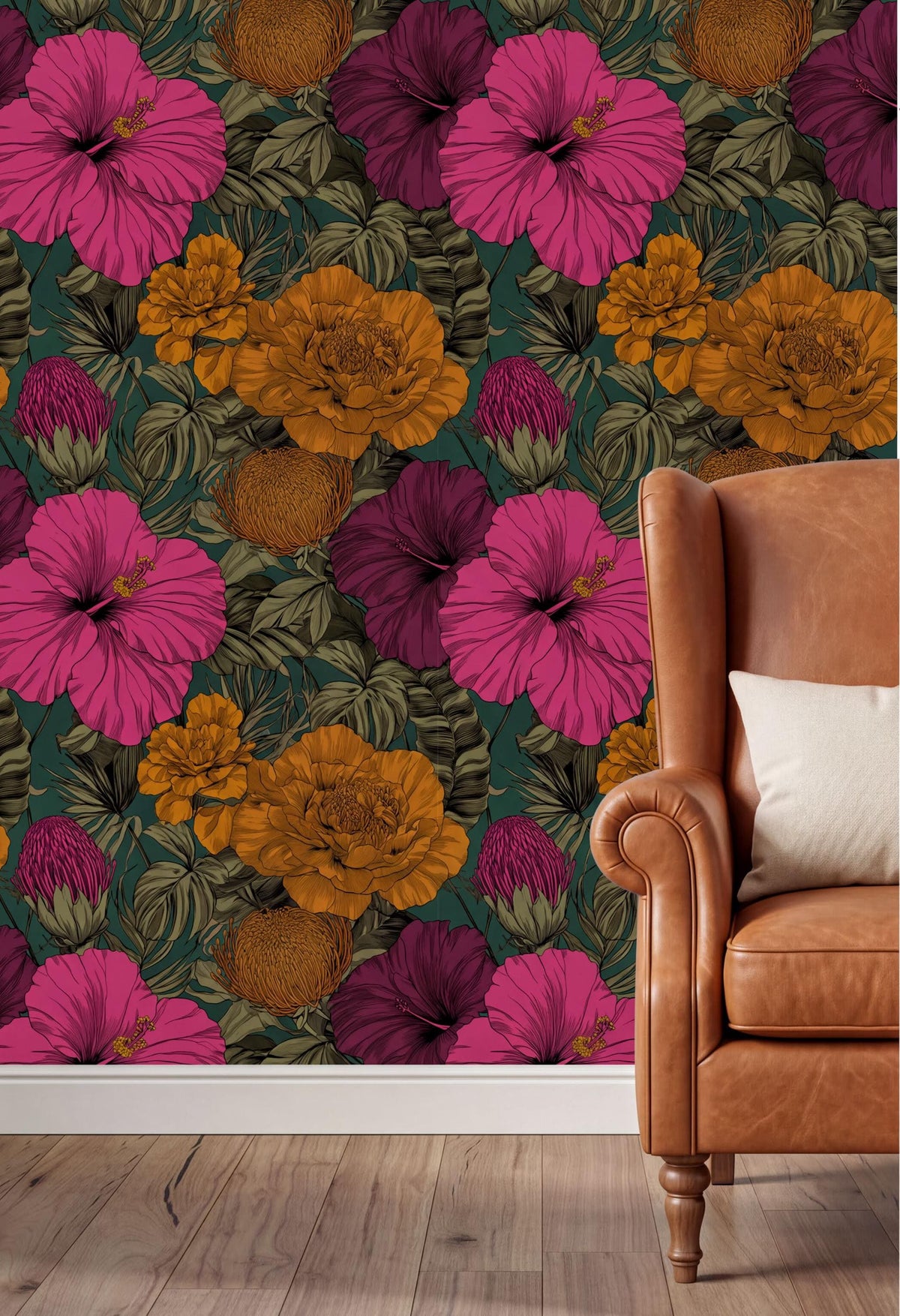 a vibrant floral wallpaper with a variety of colorful flowers, including hibiscus, peonies, and other blooms, set against a dark green background. In the foreground, there is a brown leather armchair with a white pillow on it, creating a cozy and inviting atmosphere.