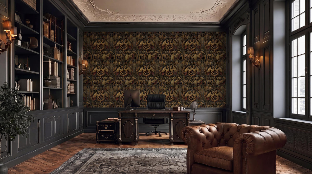 a luxurious and well-appointed home office with a large bookshelf, a tufted leather armchair, and a patterned wallpaper.