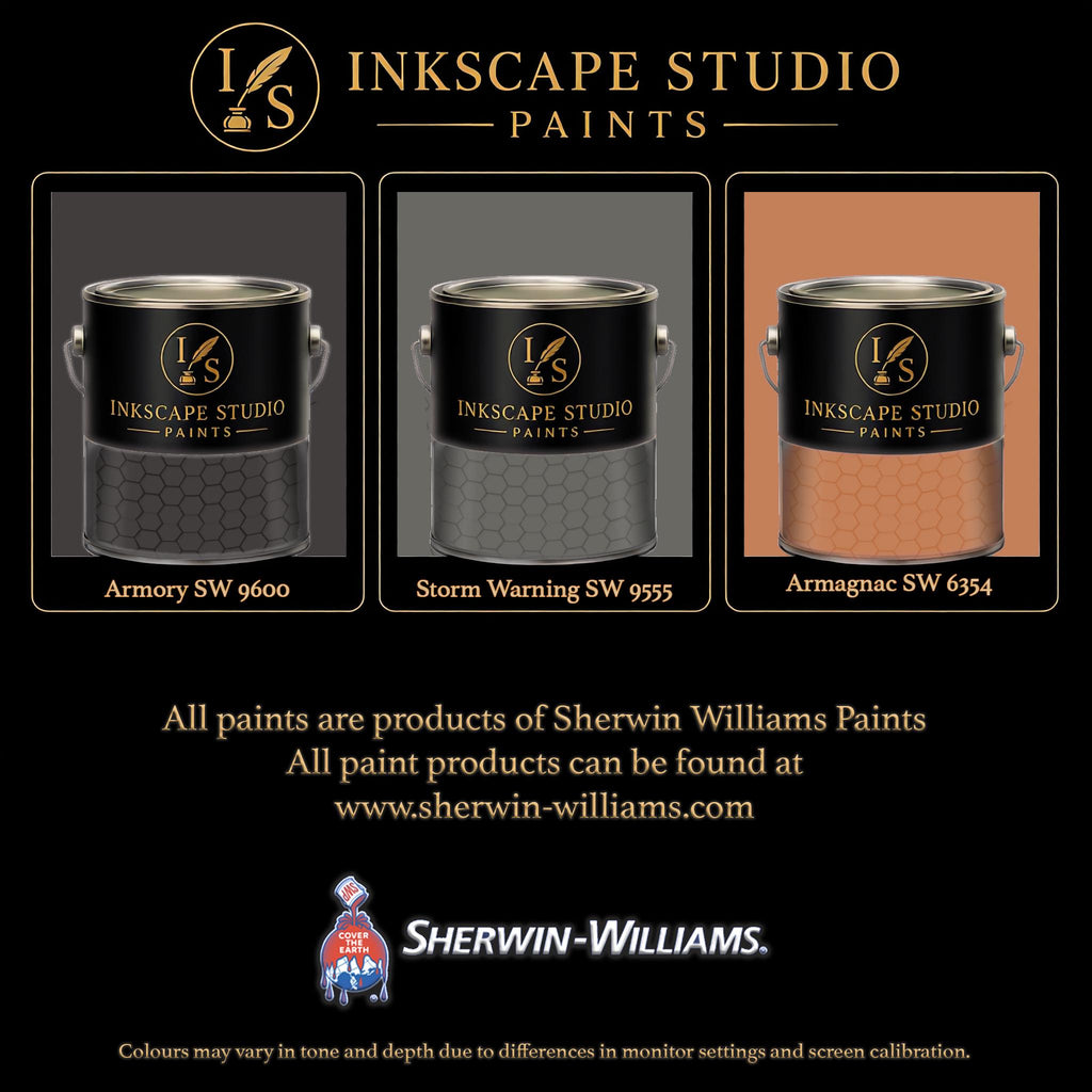 The image is an advertisement for Sherwin Williams paints, featuring three different paint colors: black, gray, and orange.