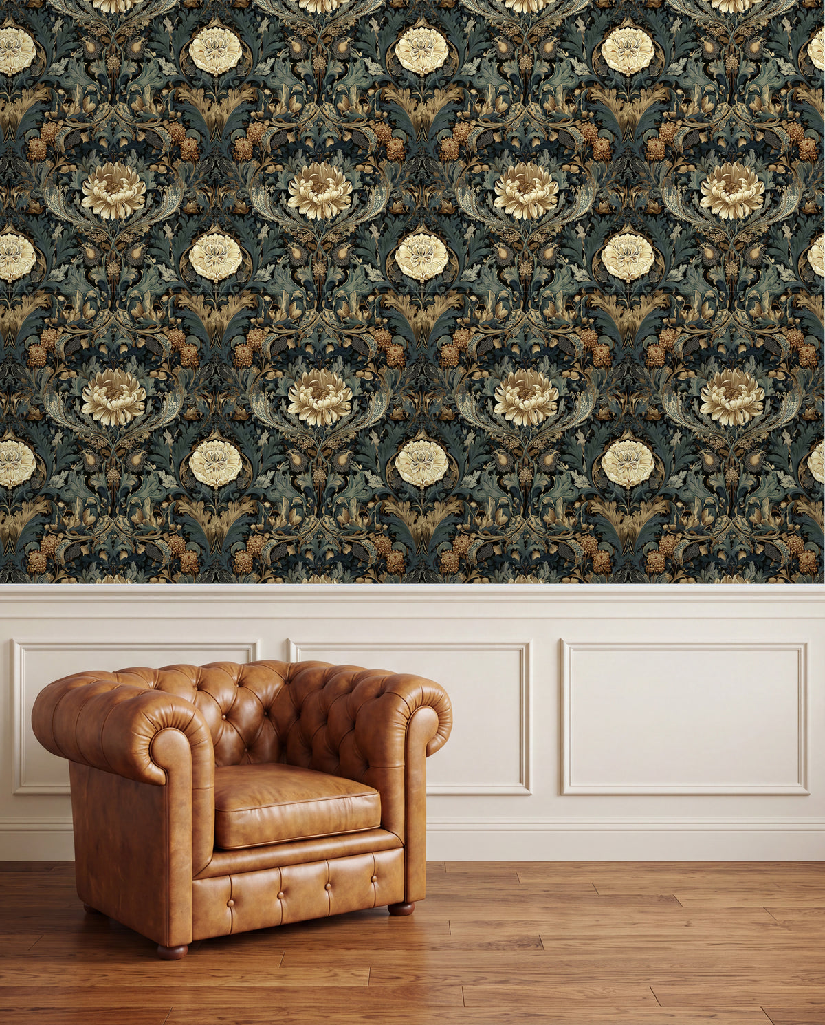 a brown leather armchair positioned in front of a wall with a repeating floral pattern.