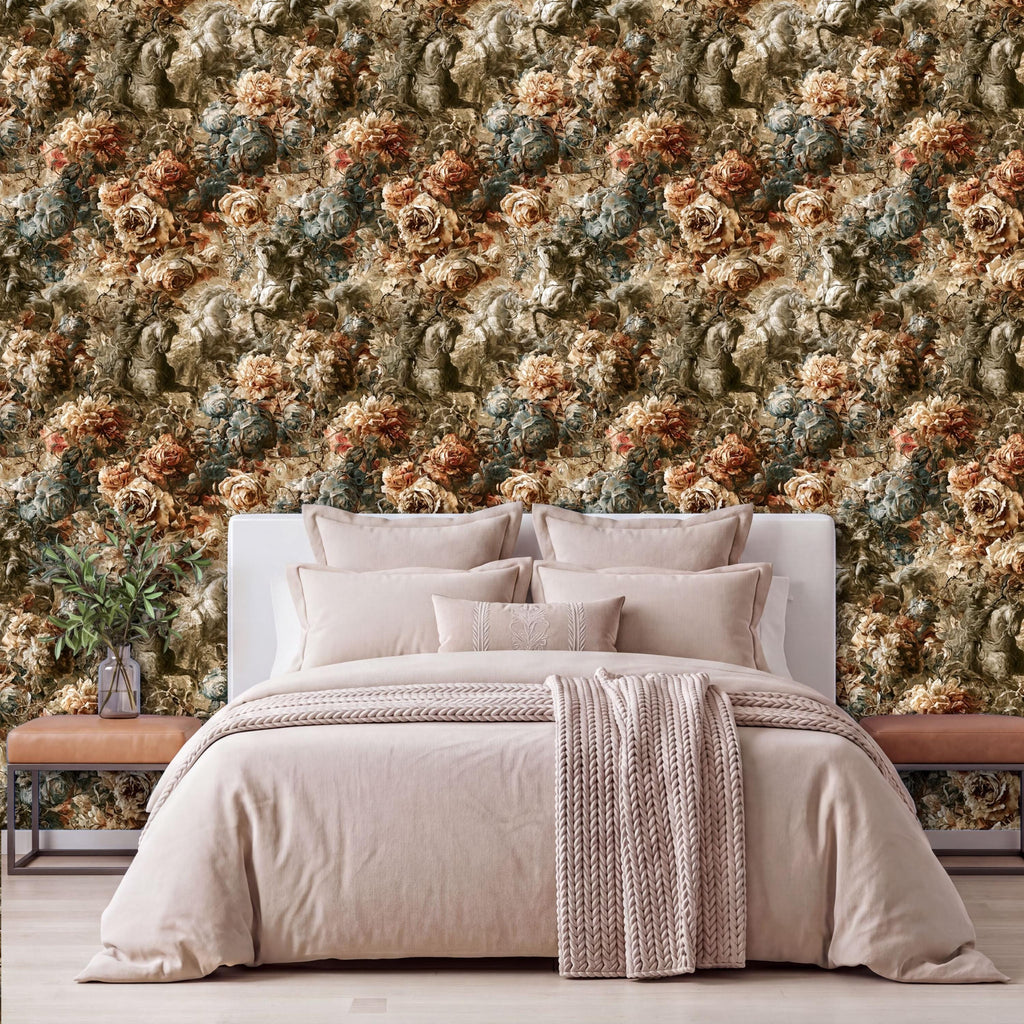 a bedroom with a large floral wallpaper behind a bed with a white headboard. The bed is dressed in a beige comforter and has several pillows. There is also a wooden nightstand on the left side of the bed, and a vase of flowers is placed on it.