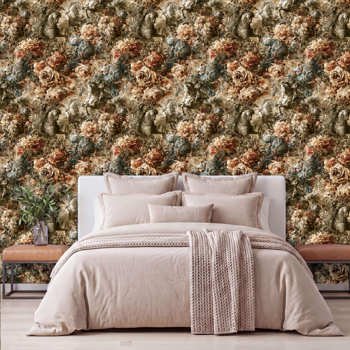 a bedroom with a large floral wallpaper behind a bed with a white headboard. The bed is dressed in a beige comforter and has several pillows. There is also a wooden nightstand on the left side of the bed, and a vase of flowers is placed on it.