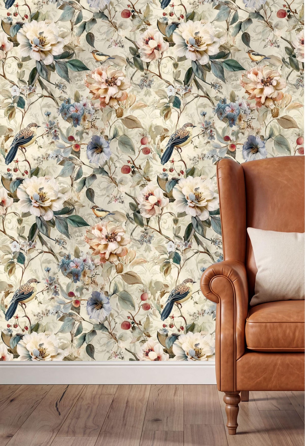 a floral wallpaper with a repeating pattern of white, pink, and green flowers, along with green leaves and branches. The wallpaper is set against a wooden floor, and there is a brown leather armchair with a white pillow placed next to it.