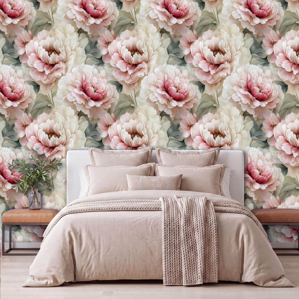 a bedroom with a large floral wallpaper behind the bed, creating a serene and inviting atmosphere.