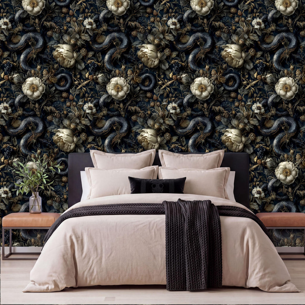 a bedroom with a large bed, dark blue and gold floral wallpaper, and a wooden nightstand with a vase of flowers.