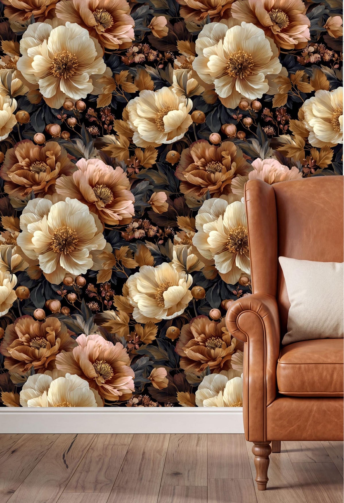 a large floral wallpaper with a mix of white, peach, and brown flowers against a dark background. The wallpaper covers the entire wall, creating a bold and vibrant focal point in the room. In the foreground, there is a brown leather armchair with a white pillow, adding a touch of elegance and comfort to the space.