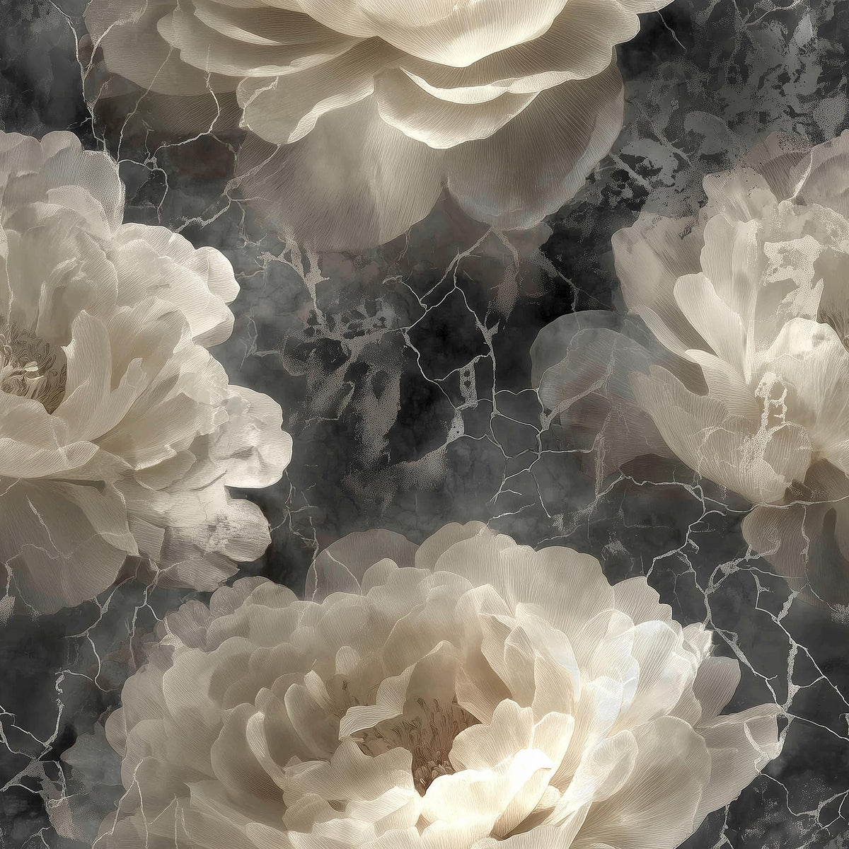 a close-up view of delicate white peonies against a dark, textured background.