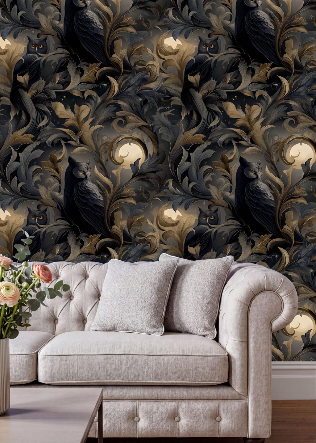 a luxurious living room with a white tufted sofa and a vase of flowers on a coffee table. The backdrop is a dark, ornate wallpaper with a repeating pattern of owls and leaves in shades of blue, gold, and green.