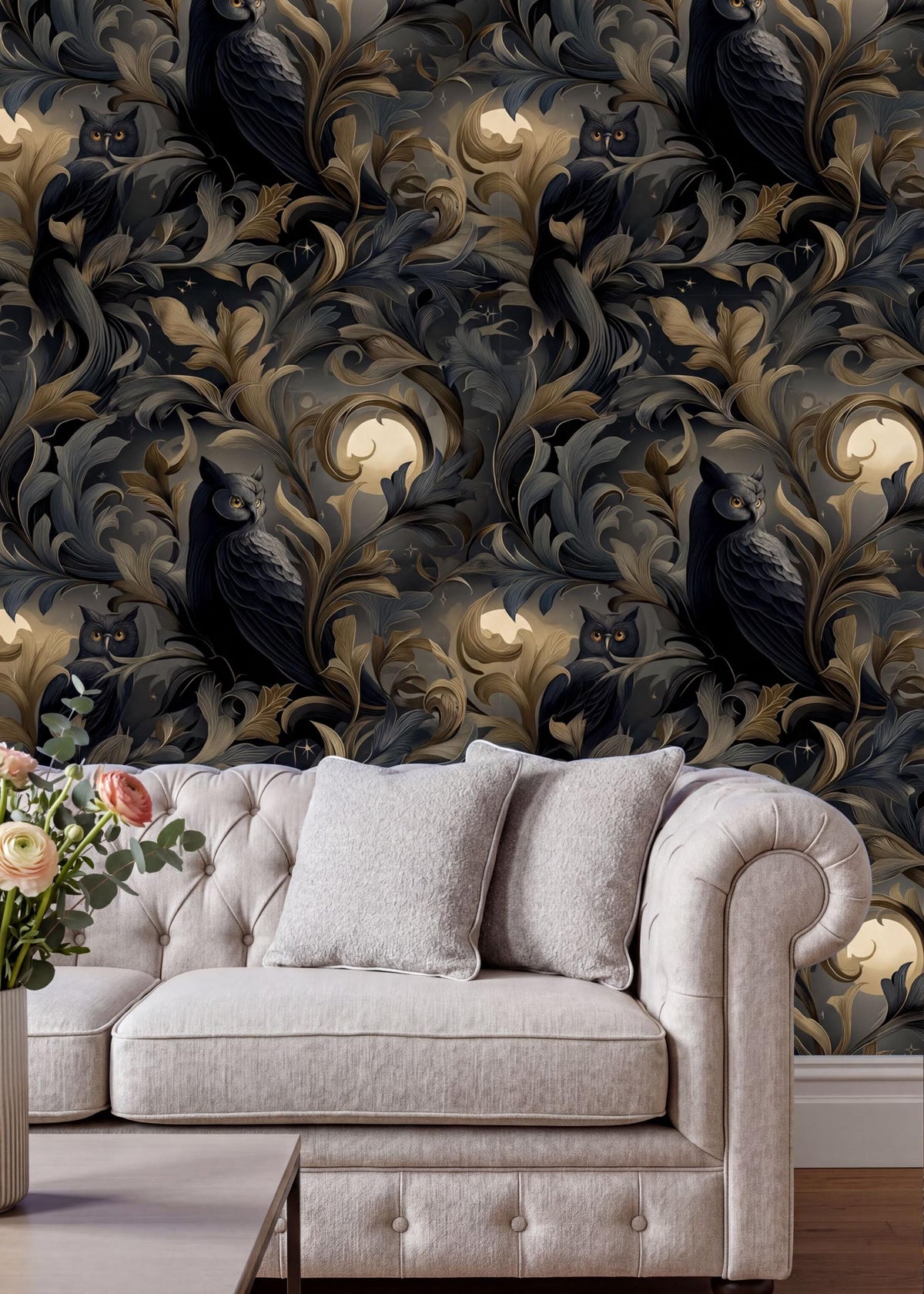 a luxurious living room with a white tufted sofa and a vase of flowers on a coffee table. The backdrop is a dark, ornate wallpaper with a repeating pattern of owls and leaves in shades of blue, gold, and green.