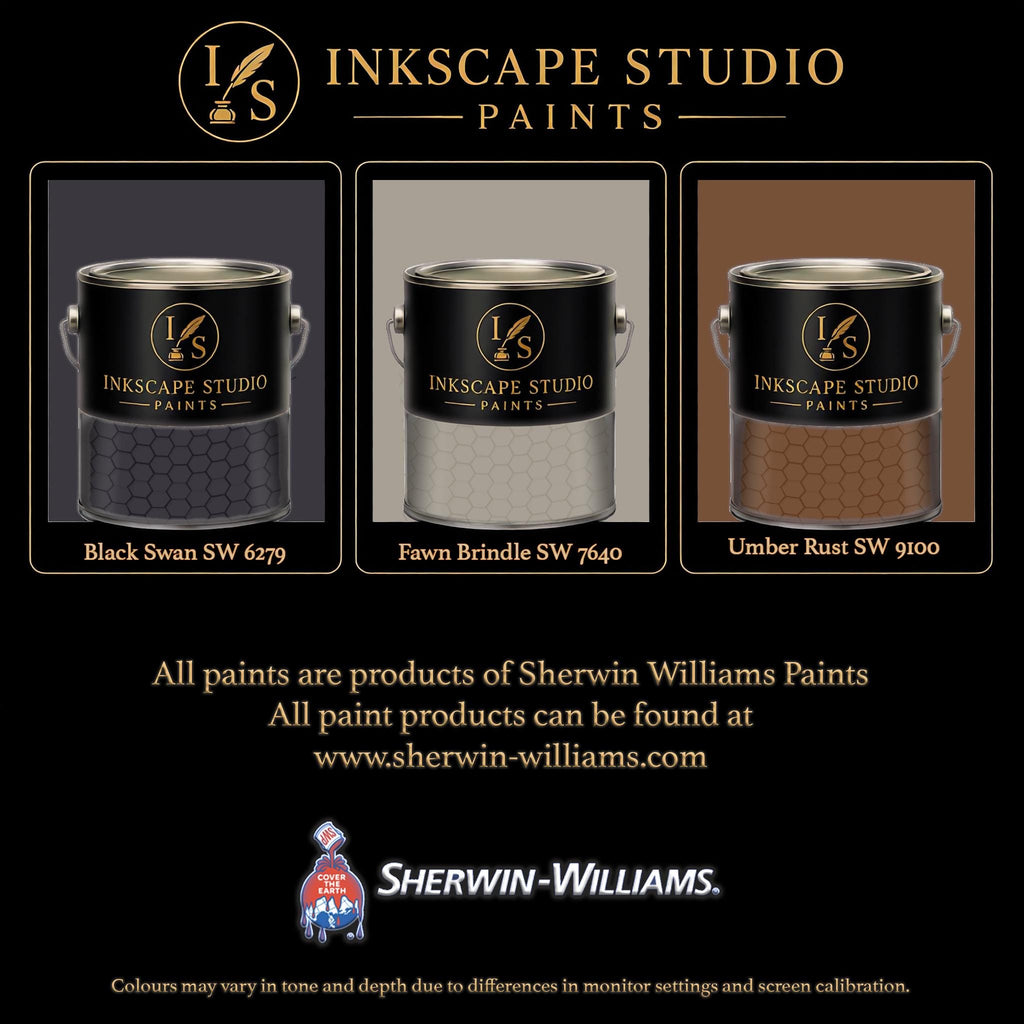 The image is an advertisement for Sherwin Williams paints, featuring three different paint colors: Black Swan SW 6269, Fawn Brindle SW 7400, and Umber Rust SW 9100. The text highlights that all paints are products of Sherwin Williams, and the website www.herwin-williams.com is provided for further information. The image also mentions that the colors may vary in tone and depth due to differences in monitor settings and screen calibration.