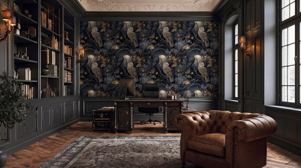 a luxurious and elegant home office with a large bookshelf, a tufted leather armchair, and a patterned wallpaper featuring owls.