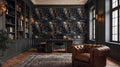 a luxurious and elegant home office with a large bookshelf, a tufted leather armchair, and a patterned wallpaper featuring owls.