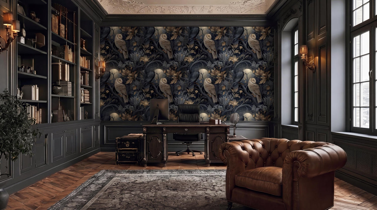 a luxurious and elegant home office with a large bookshelf, a tufted leather armchair, and a patterned wallpaper featuring owls.