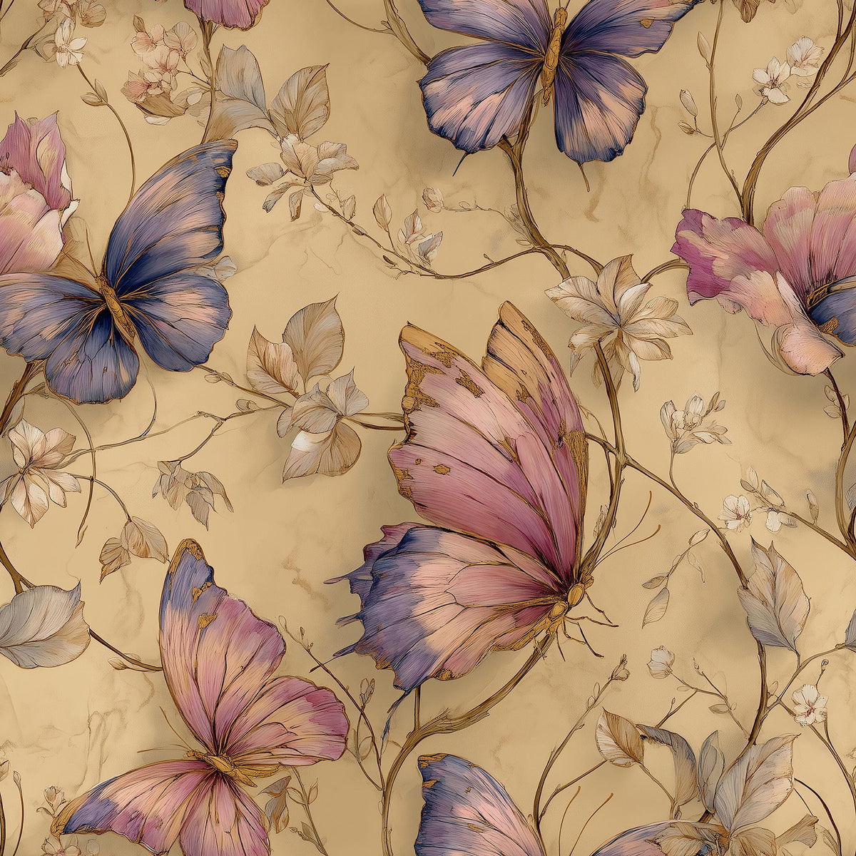 a repeating pattern of purple and pink butterflies against a light brown background, with delicate white flowers and leaves interspersed throughout the design.